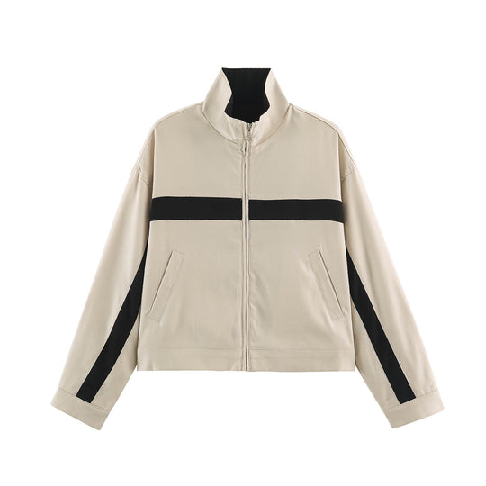 Damen Cropped Boxy-Trackjacke mit Stehkragen und Kontraststreifen Nord Taschen