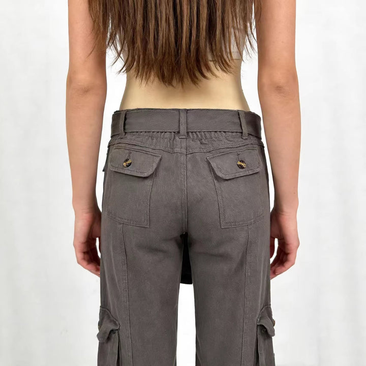 Damen weite Cargo-Hose mit hoher Taille, Bindegürtel und mehreren aufgesetzten Klappentaschen Nord Taschen