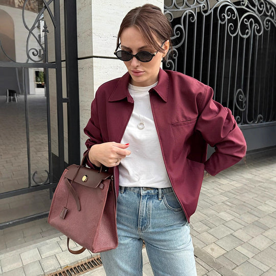 Damen Leichte Twill-Übergangsjacke mit Hemdkragen, verdecktem Reißverschluss und kastiger Silhouette Nord Taschen