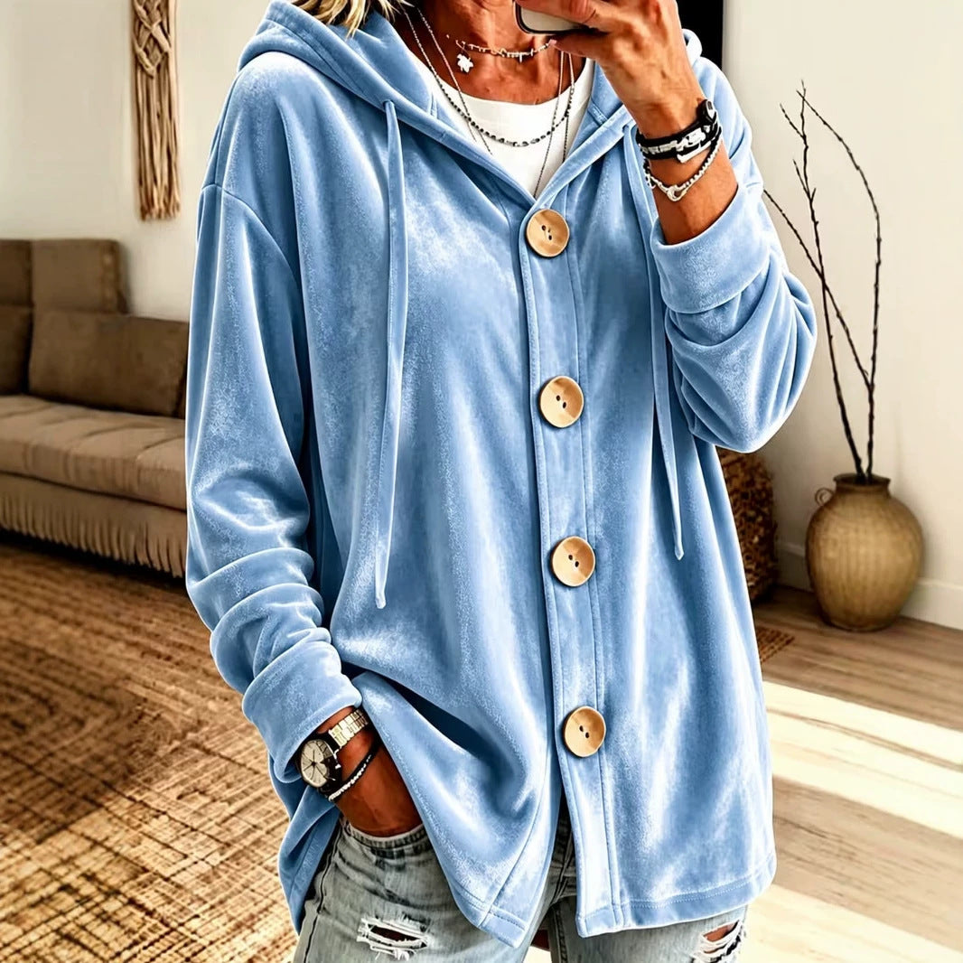 Damen Oversize Kapuzen-Samtjacke mit großen Holzknöpfen und weichem Veloursfutter Nord Taschen