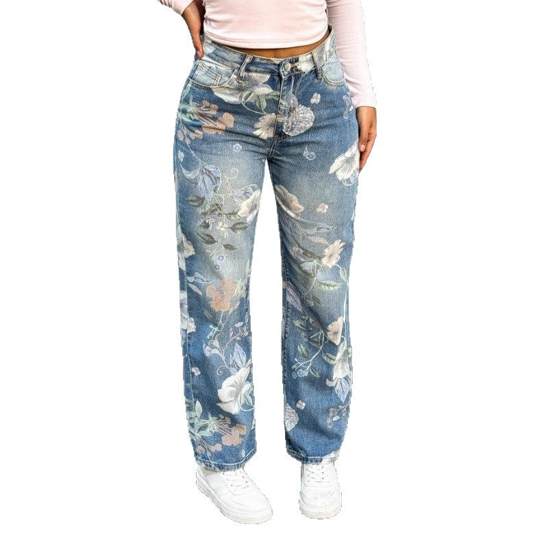 Damen High-Waist Straight-Jeans mit floralem Print und relaxed Fit Nord Taschen