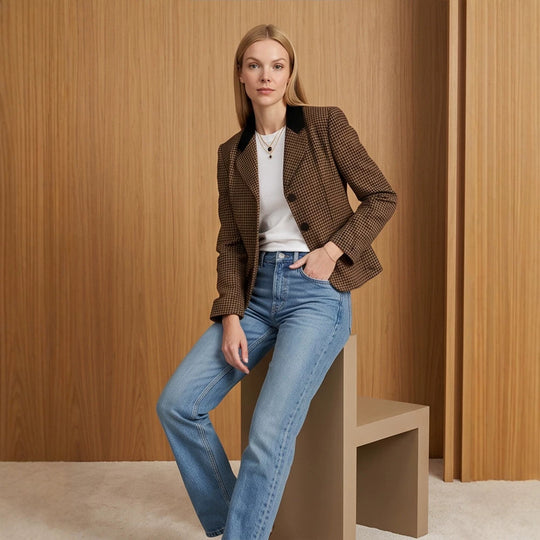 Damen Taillierter Hahnentritt-Blazer mit Samtkragen und Zweiknopfleiste Nord Taschen