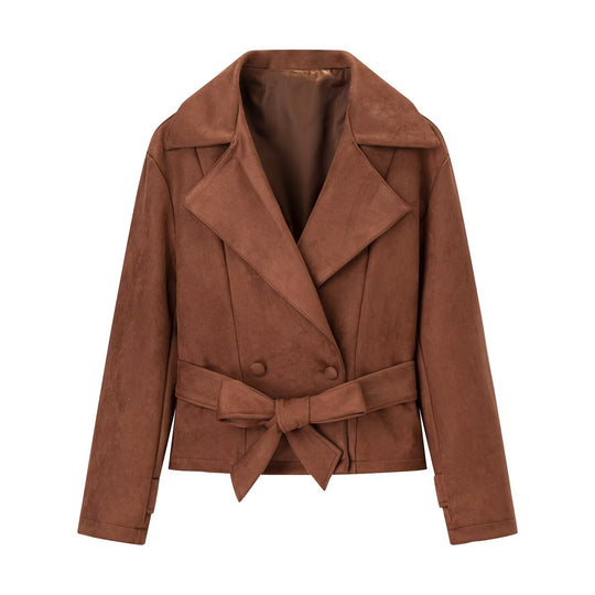 Damen Kurzjacke im Veloursleder‑Look mit Taillengürtel und großem Revers Nord Taschen
