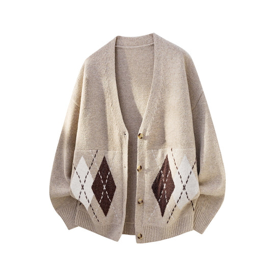 Damen Oversized Strickcardigan mit Argyle-Muster und V-Ausschnitt Nord Taschen