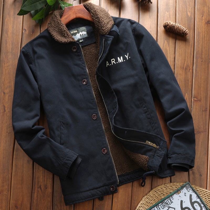 Herren Vintage-inspirierter Canvas-Fliegerblouson mit voluminösem Sherpa-Futter, zweifacher Frontöffnung und verstärkten Taschen Nord Taschen