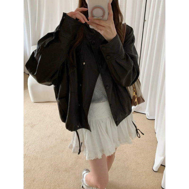 Damen Oversized Bikerjacke aus Kunstleder mit breitem Revers und voluminösen Ärmeln Nord Taschen