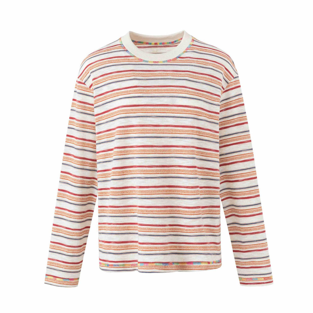 Damen Leichtes gestreiftes Langarm-Strickshirt mit Rundhalsausschnitt Nord Taschen