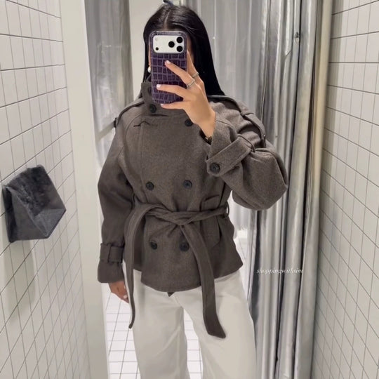 Damen Kurzblouson‑Trenchcoat aus Wollmix mit hohem Stehkragen und Bindegürtel Nord Taschen