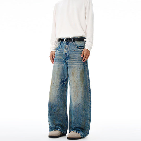 Herren Ultraweite Denim-Baggyhose im Vintage-Look mit Farbpatina und tiefem Schritt Nord Taschen