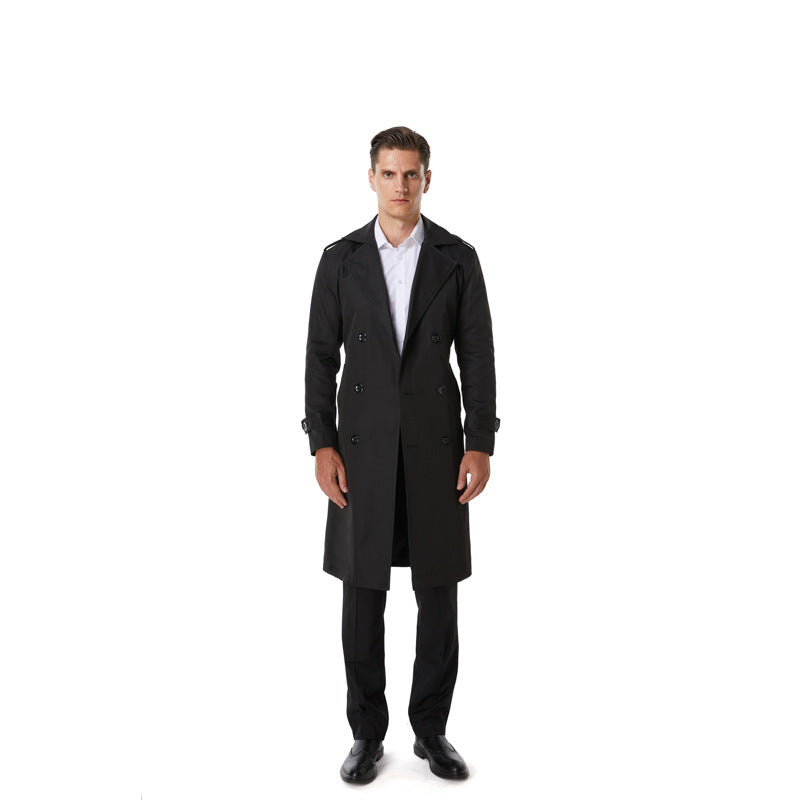 Herren Knielanger Trenchcoat im klassischen Doppelreiher mit Schulterklappen und Taillengürtel Nord Taschen