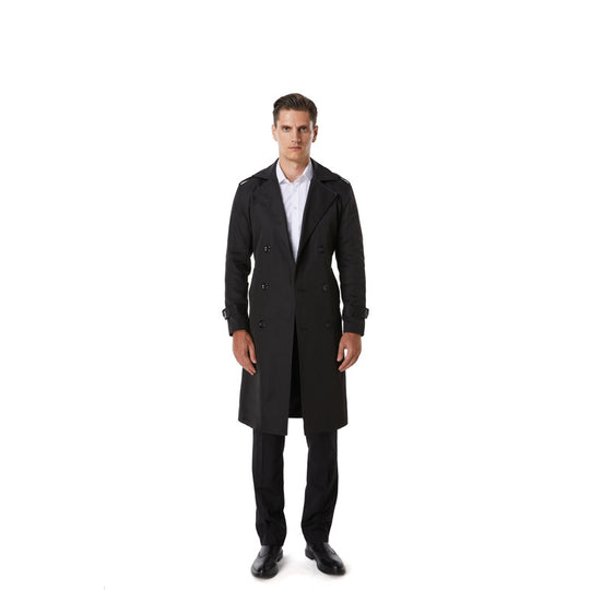 Herren Knielanger Trenchcoat im klassischen Doppelreiher mit Schulterklappen und Taillengürtel Nord Taschen