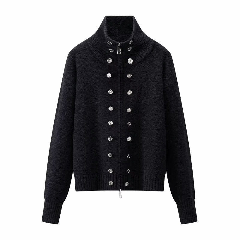Damen Cropped Strickjacke mit hohem Stehkragen, Zierknopfleiste und Doppelreißverschluss Nord Taschen