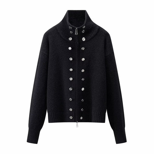 Damen Cropped Strickjacke mit hohem Stehkragen, Zierknopfleiste und Doppelreißverschluss Nord Taschen