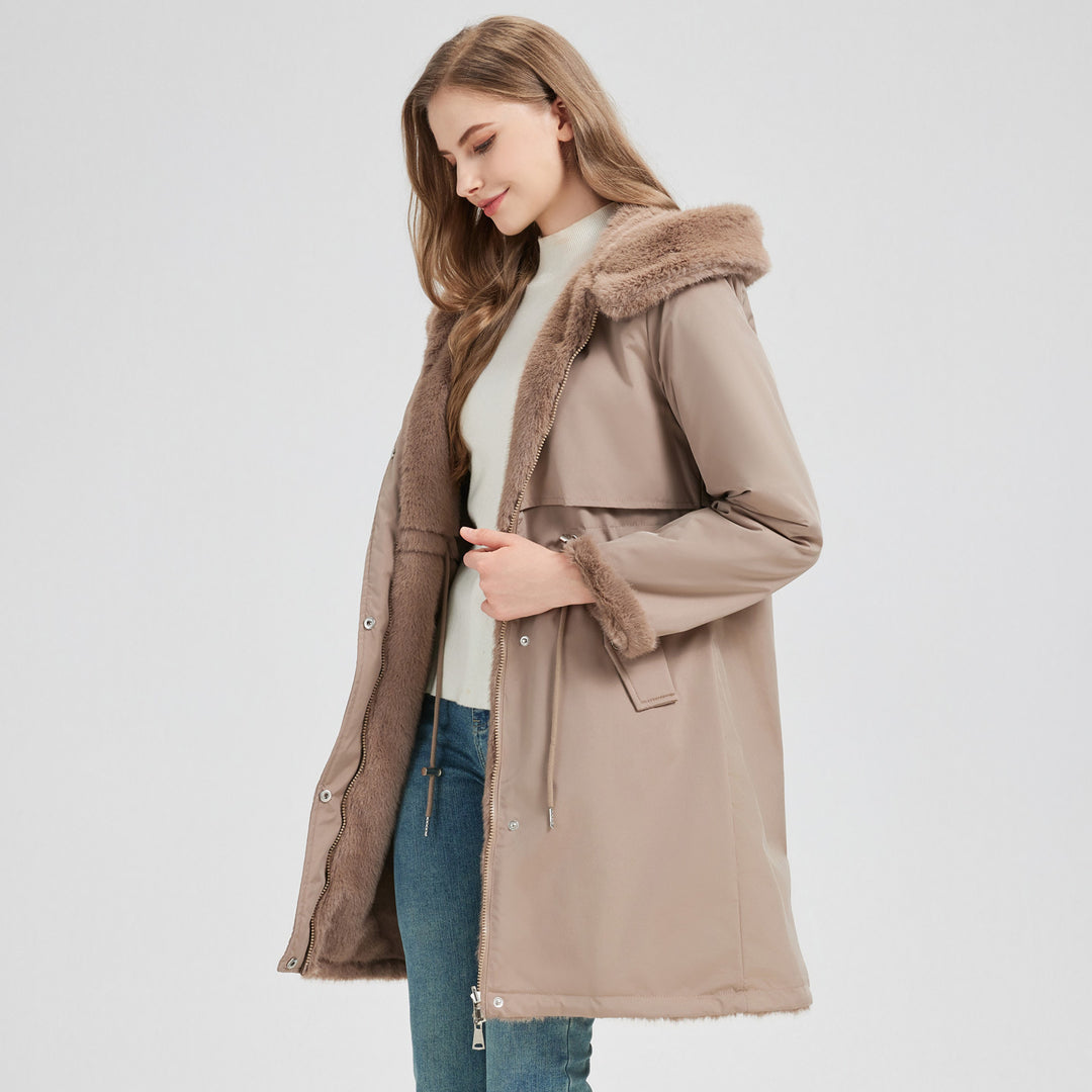 Damen nan taillierter langer Thermoparka mit Webpelzbesatz an Kapuze und Ärmeln sowie Kordeltaille Nord Taschen