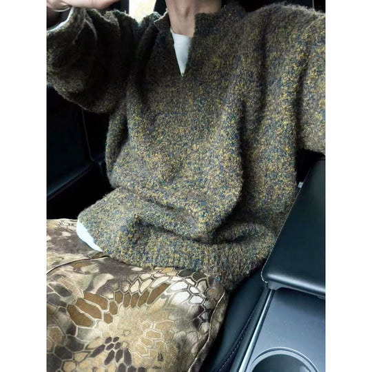 Herren Melangé Grobstrick-Pullover mit V-Schlitz und lockerem Oversize-Schnitt Nord Taschen