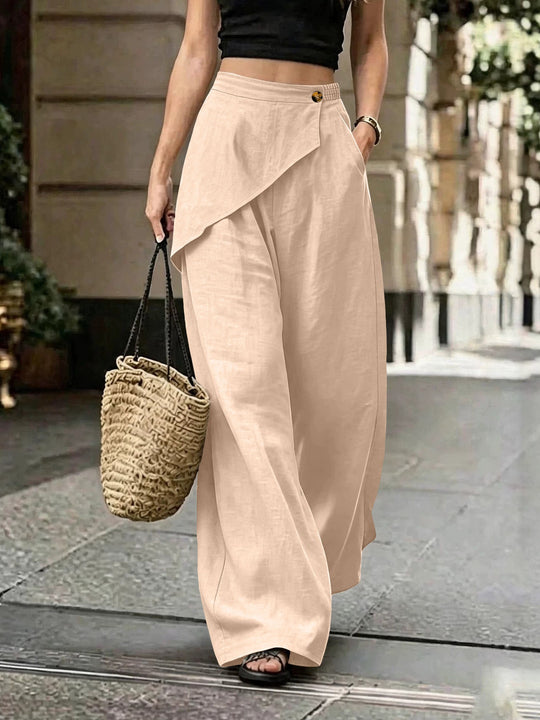 Damen Leichte Leinenhose mit Wickel-Front und weitem Bein Nord Taschen