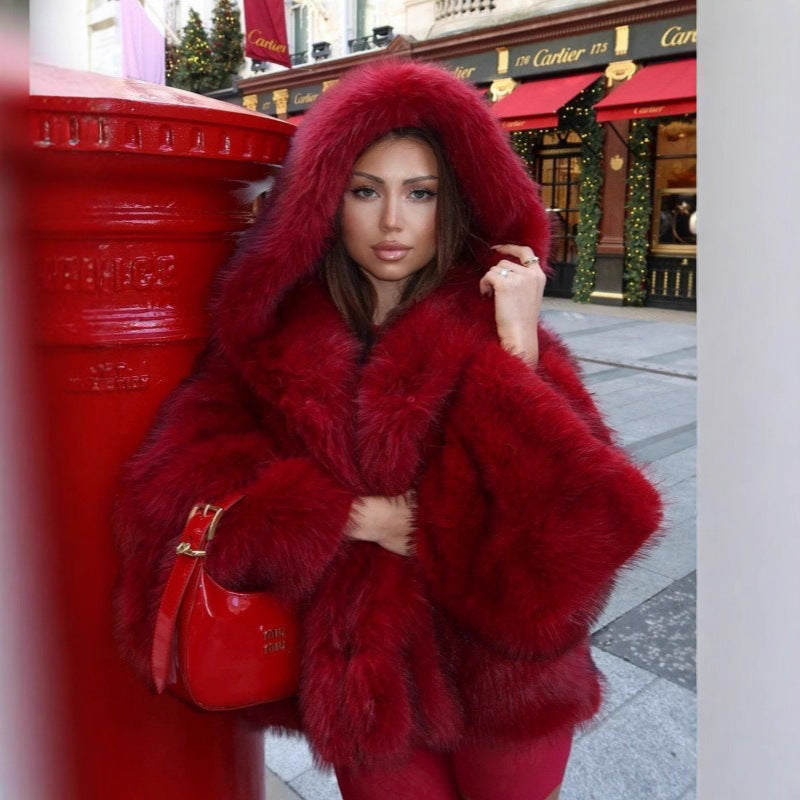 Damen Kapuzenkunstpelzjacke mit voluminöser Shaggy‑Silhouette Nord Taschen