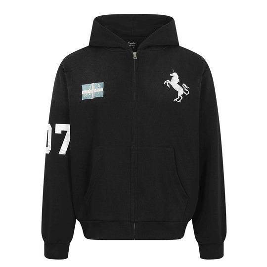 Damen Zip-Hoodie mit gesticktem Einhorn-Motiv und Musikpatch Nord Taschen