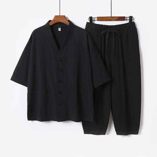 Unisex Leichtes Kimono-Lounge-Set aus Baumwoll-Leinen mit Kurzarmjacke und Kordelbund-Hose Nord Taschen