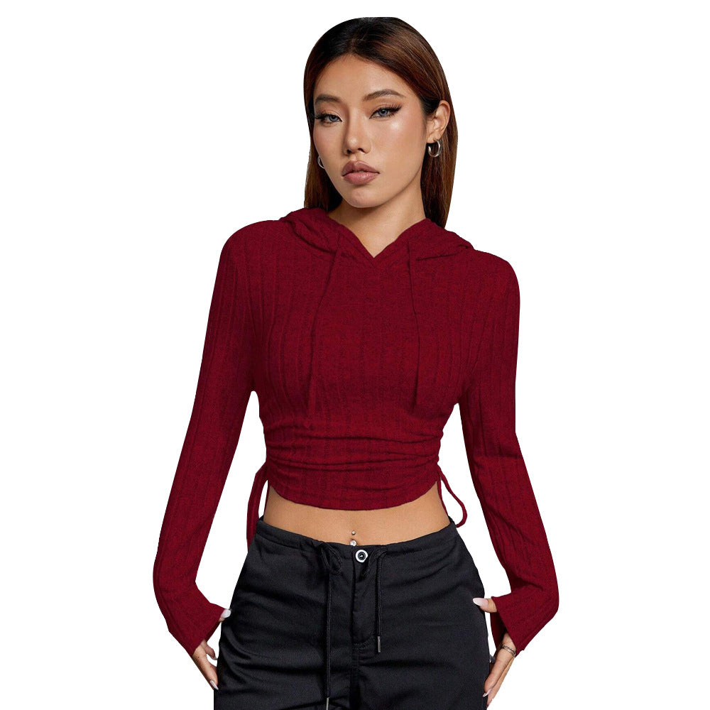 Damen geripptes Crop-Hoodie mit Tunnelzugseitennähten, figurbetonter Silhouette und langen Ärmeln Nord Taschen