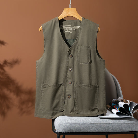 Herren Ärmellose Utility-Canvas-Weste mit V‑Ausschnitt, Knopfleiste und aufgesetzten Taschen Nord Taschen