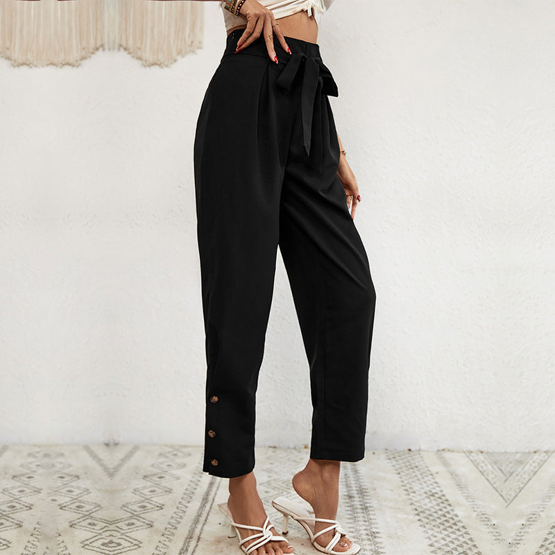 Damen Hochtaillierte Paperbag-Hose mit Bindegürtel, tapered Bein und Zierknopfleiste Nord Taschen