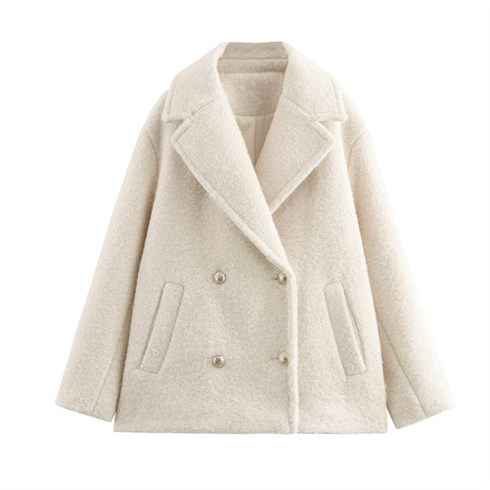 Damen Kurzer doppeltreihiger Wollmix-Peacoat mit weitem Revers Nord Taschen