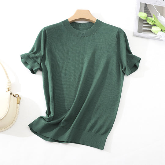 Damen Leichtes Kurzarm-Stricktop aus feinem Jersey mit Rundhals und Saumblende Nord Taschen