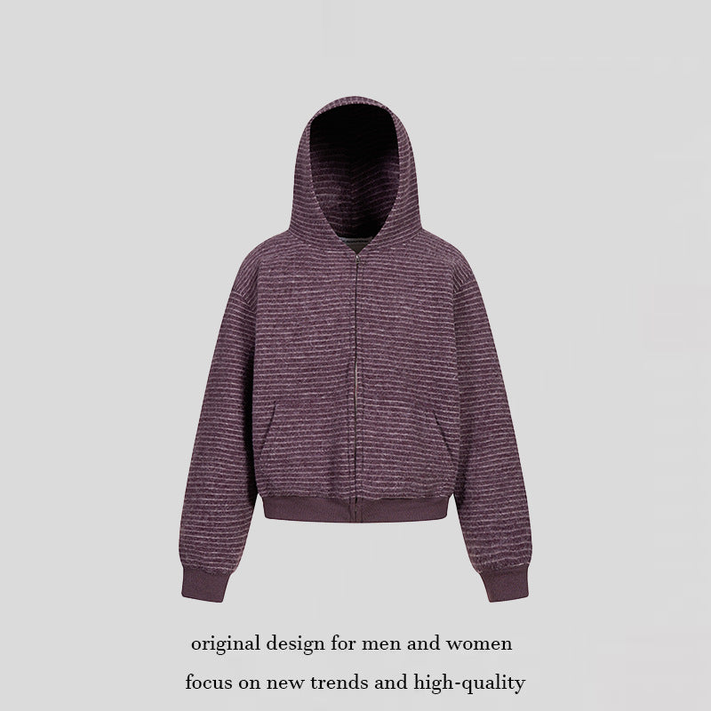 Damen Kurz geschnittene Kapuzen‑Zipjacke mit horizontalem Streifenrelief und elastischem Bund Nord Taschen