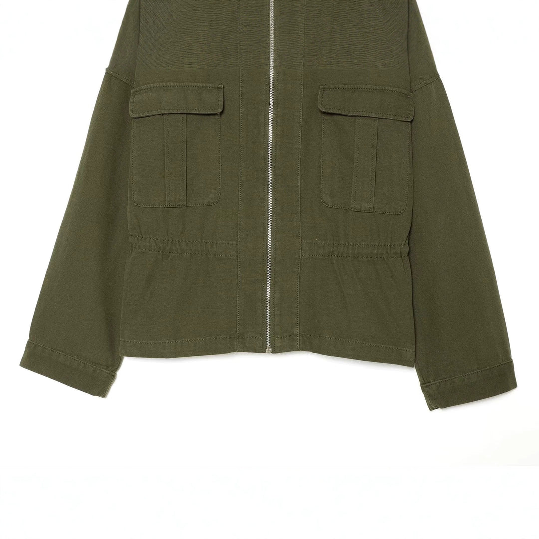 Damen kurze Utility-Jacke mit Reißverschluss, aufgesetzten Brusttaschen und Taillenzug Nord Taschen