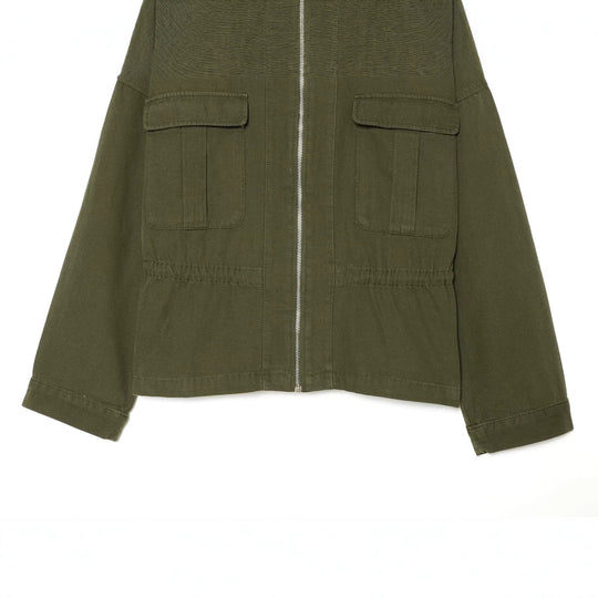 Damen kurze Utility-Jacke mit Reißverschluss, aufgesetzten Brusttaschen und Taillenzug Nord Taschen