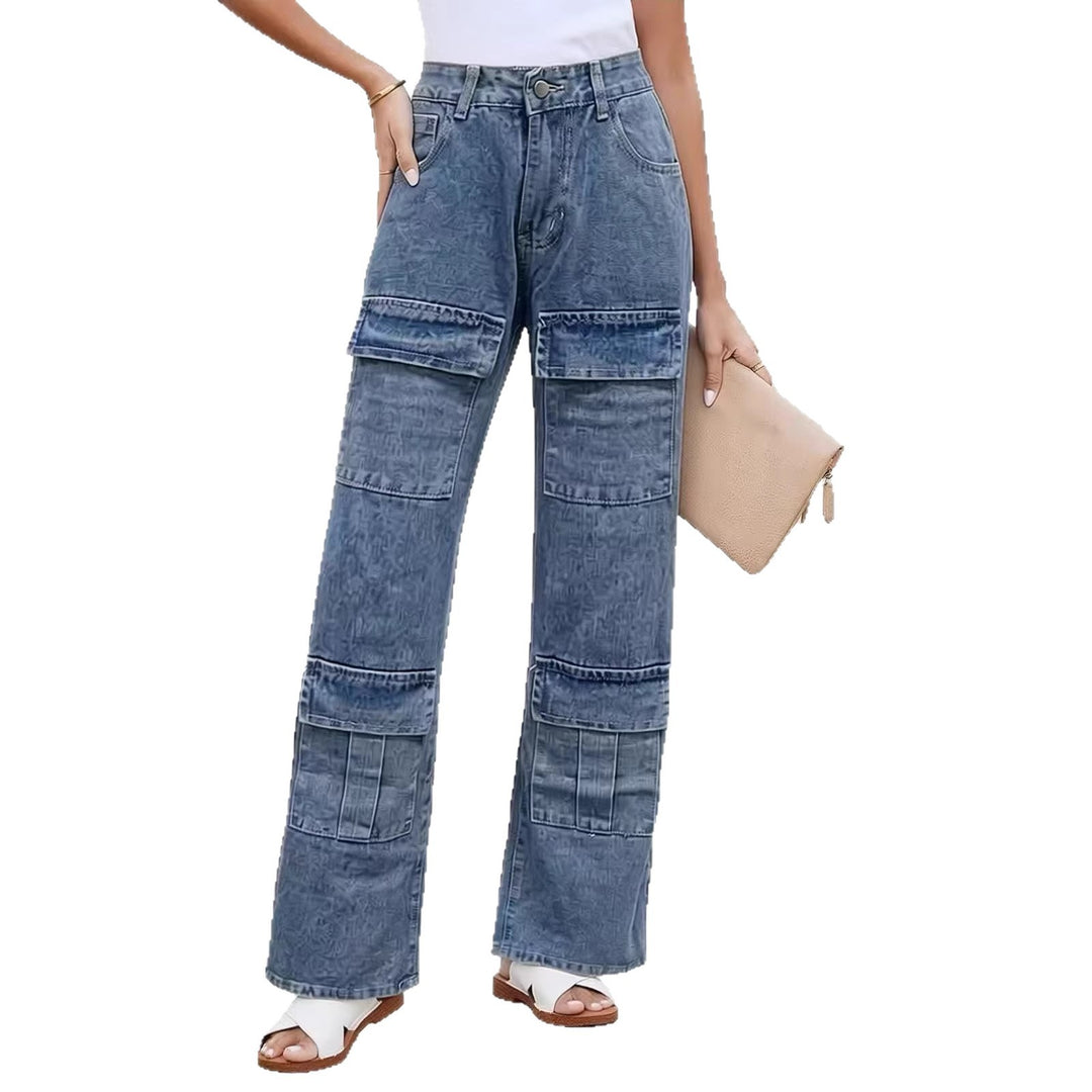Damen High‑Waist Utility-Denimhose mit aufgesetzten Knie-Patches, Cargo‑Taschen und weitem Schlag Nord Taschen