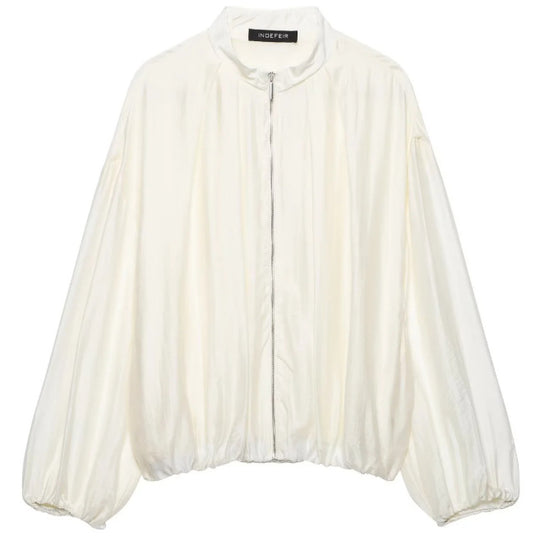 Damen Oversize‑Blousonjacke mit schimmernder Satin‑Optik, Stehkragen und Tunnelzugsaum Nord Taschen