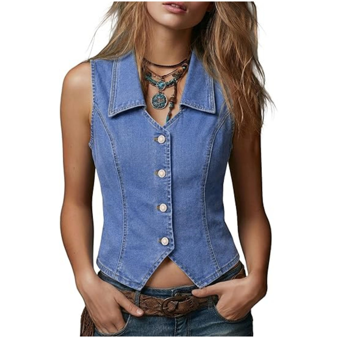 Damen Taillierte Jeansweste mit spitzem Saum und Knopfleiste Nord Taschen