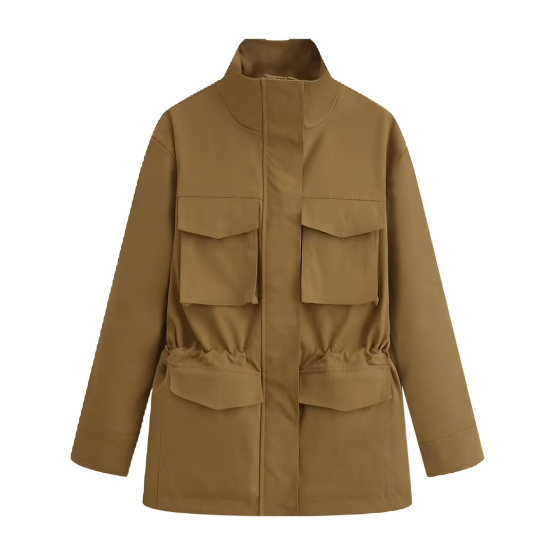 Damen Utility-Jacke mit Tunnelzugtaillen, Stehkragen und Pattentaschen Nord Taschen
