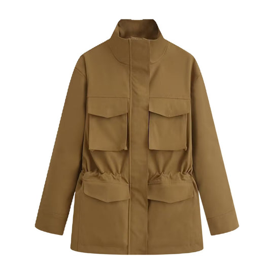 Damen Utility-Jacke mit Tunnelzugtaillen, Stehkragen und Pattentaschen Nord Taschen
