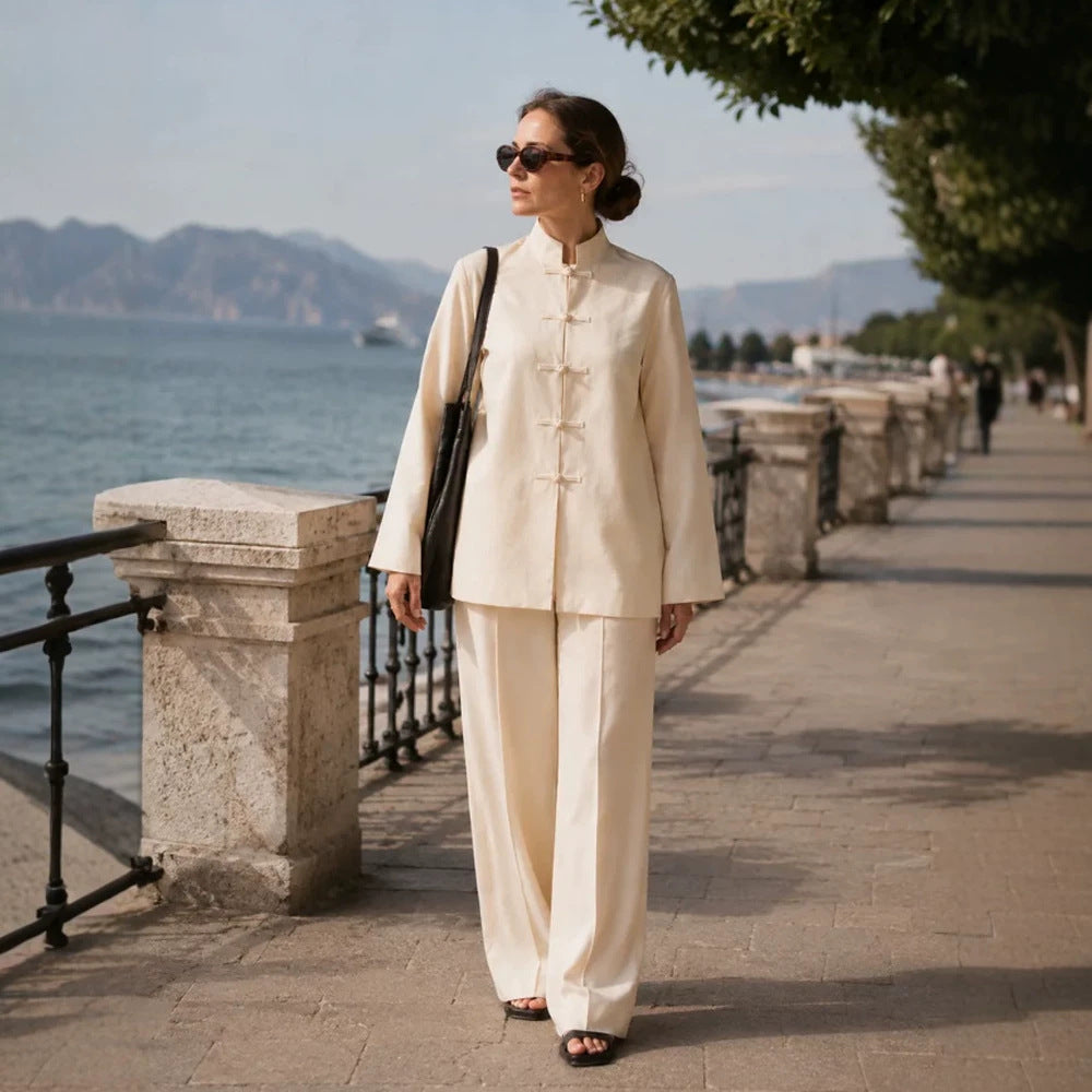 Damen Mandarin-Kragen Tunikajacke mit Knotenverschlüssen und weiter Palazzo-Hose Nord Taschen