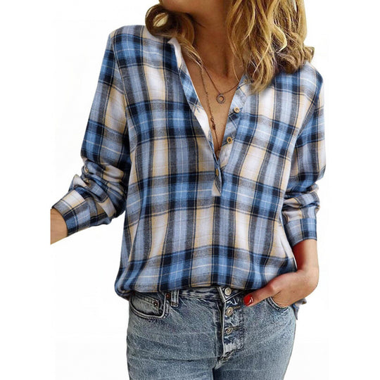 Damen Karo-Bluse im Oversize-Look mit V-Ausschnitt Knopfleiste und gerundetem Saum Nord Taschen