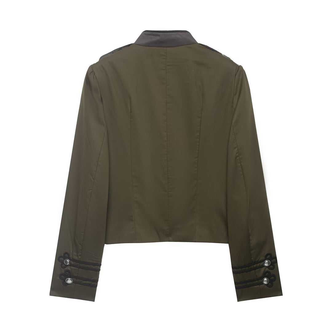 Damen Militärinspirierte Kurzjacke mit Zierkordeln, Stehkragen und Epauletten Nord Taschen