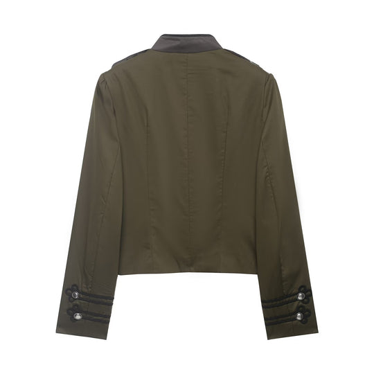 Damen Militärinspirierte Kurzjacke mit Zierkordeln, Stehkragen und Epauletten Nord Taschen