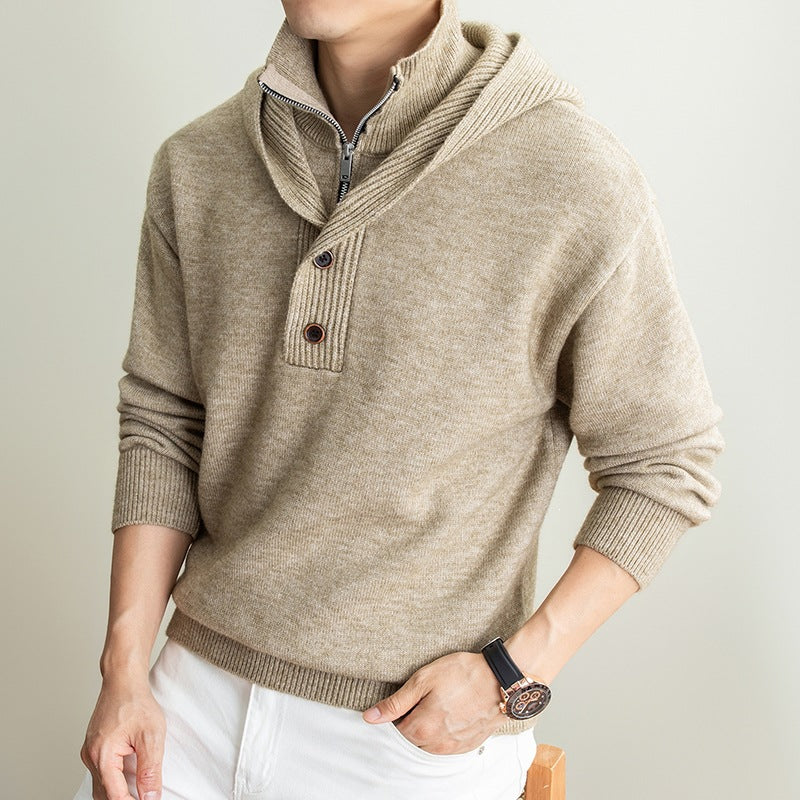 Herren Feinstrick-Kapuzenpullover mit halbem Reißverschluss und Knopfblende Nord Taschen