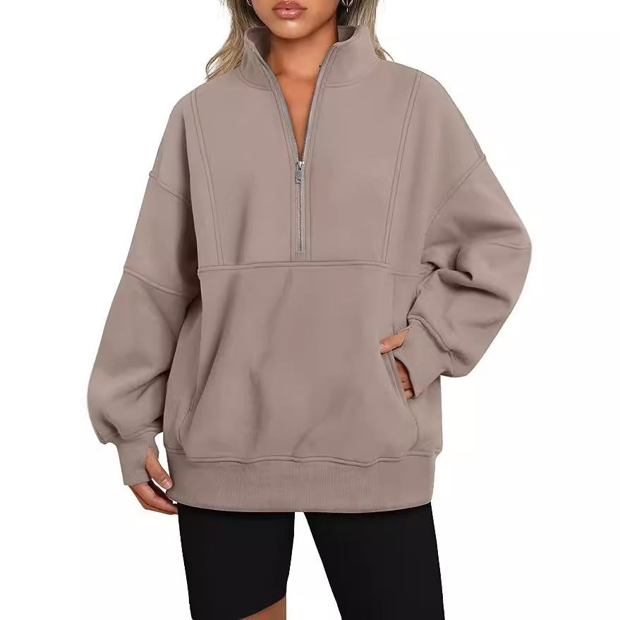 Damen Oversized Sweatshirt mit halbem Reißverschluss, Kängurutasche und Stehkragen Nord Taschen