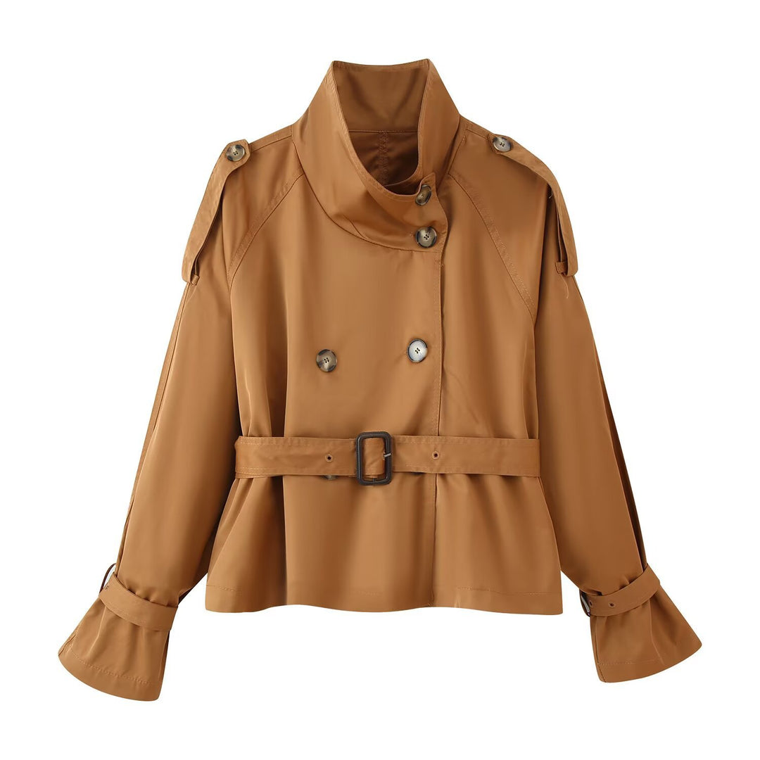 Damen Kurz-Trenchjacke im Boxy-Schnitt mit Doppelreihe und Taillengürtel Nord Taschen
