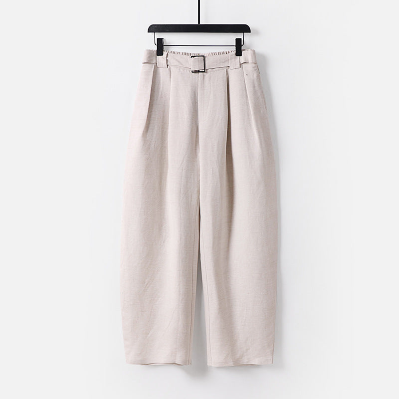 Damen Hochgeschnittene weite Leinenmix-Hose mit Bundfalten und Stoffgürtel Nord Taschen
