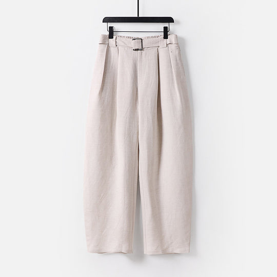 Damen Hochgeschnittene weite Leinenmix-Hose mit Bundfalten und Stoffgürtel Nord Taschen