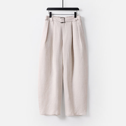 Damen Hochgeschnittene weite Leinenmix-Hose mit Bundfalten und Stoffgürtel Nord Taschen