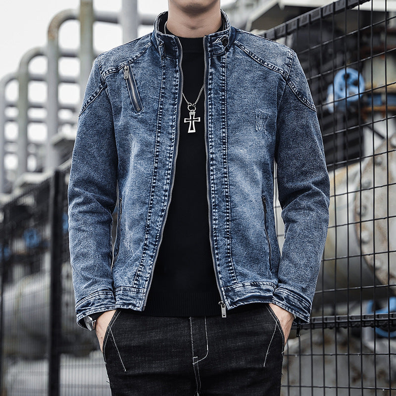 Herren Slim-Fit Denim-Workerblouson mit Stehkragen und Zipper-Details Nord Taschen
