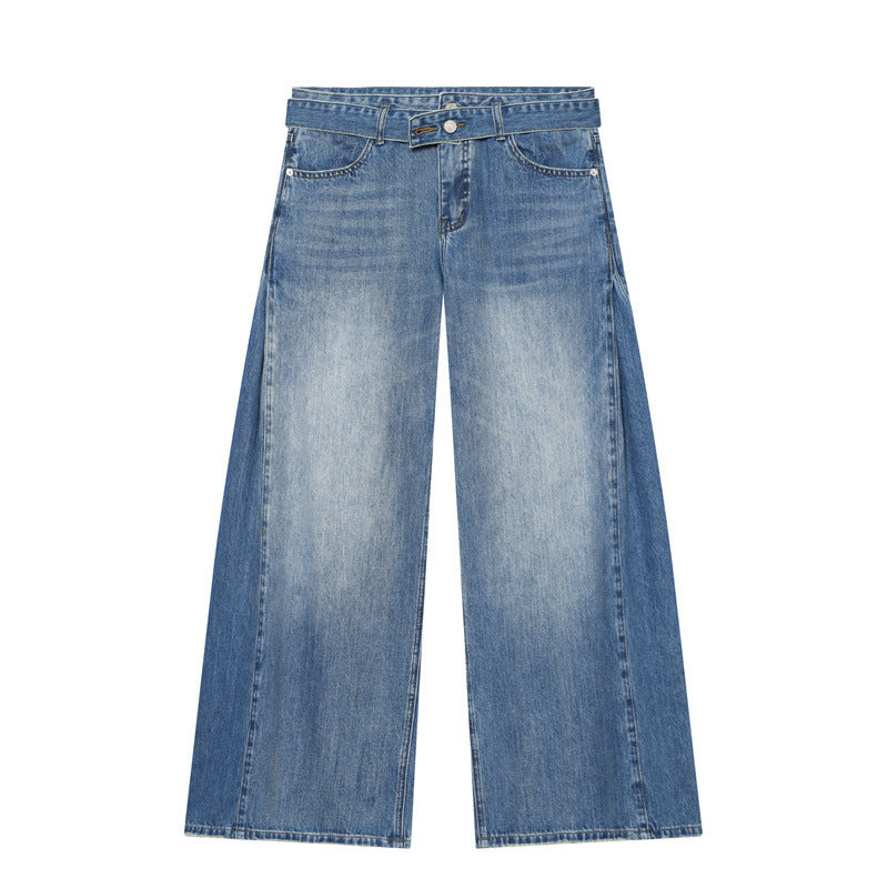 Damen Weite Denim-Hose mit seitlichen Falteneinsätzen, High‑Waist und Taillengürtel Nord Taschen