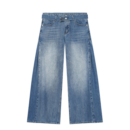 Damen Weite Denim-Hose mit seitlichen Falteneinsätzen, High‑Waist und Taillengürtel Nord Taschen