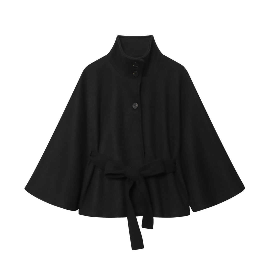 Damen Kurzes Cape-Mantel mit Stehkragen, Knopfleiste und Bindegürtel Nord Taschen